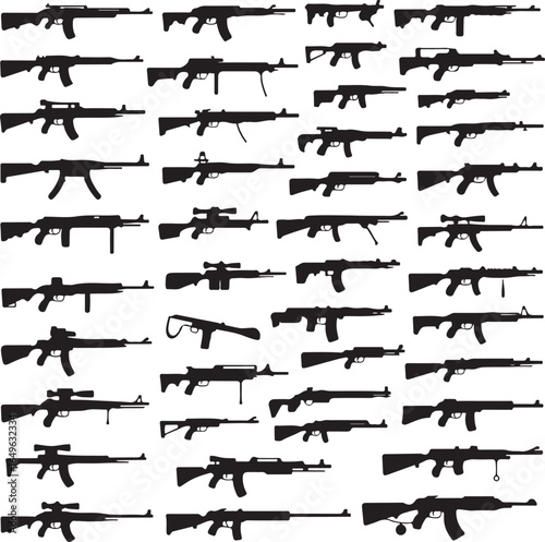 Extensive collection of rifle and gun silhouettes on white background Keywords: rifle, gun, weapon