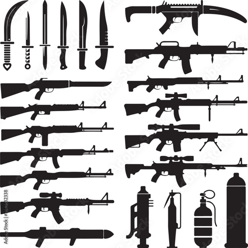 Collection of knives, rifles, grenades, and gas cylinders in silhouette knife blade
