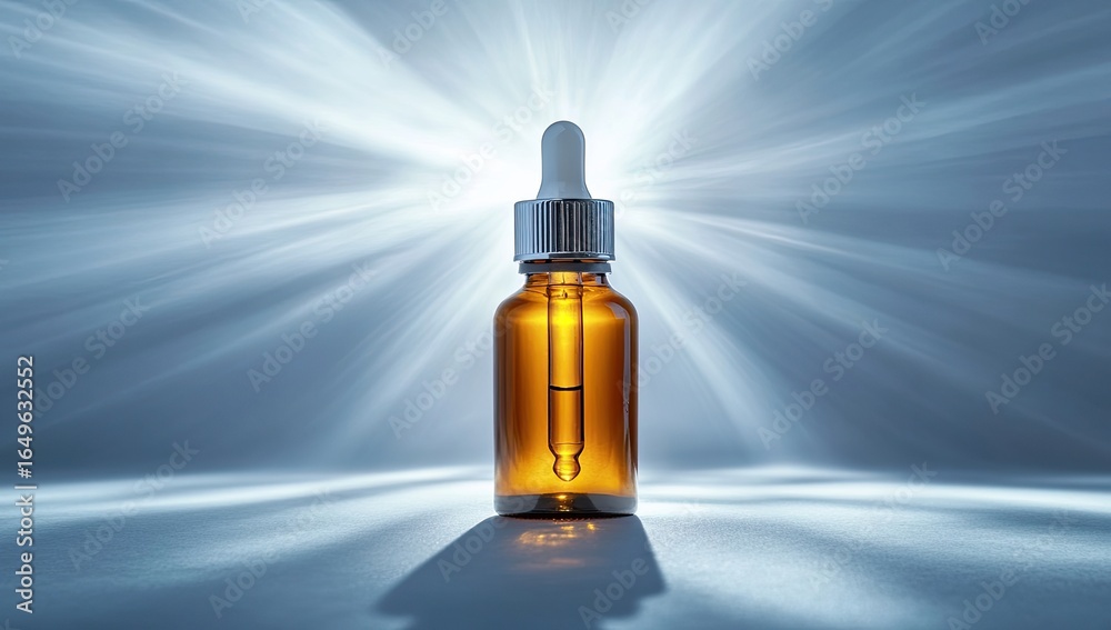 Naklejka premium Amber glass dropper bottle, bathed in light rays