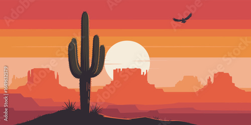 Desert sunset scene with large cactus, flying bird, mesas, and glowing sun in warm red, orange, and yellow tones across dramatic sky