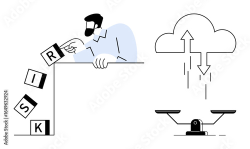 Man tipping risk blocks while balancing scale and cloud indicating decision-making, risk management, and data efficiency. Ideal for business, planning, safety, strategy, innovation, simplicity