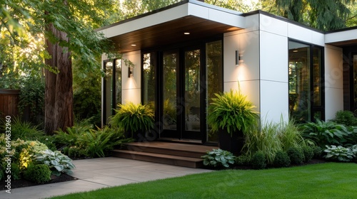 Wallpaper Mural A sleek, modern entrance showcases lush greenery alongside stylish lighting, creating an inviting atmosphere for any contemporary home set amidst nature. Torontodigital.ca