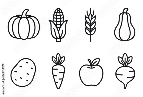 Monochrome outlined icons of pumpkins, corn, wheat, squash, potato, carrot, apple, and turnip