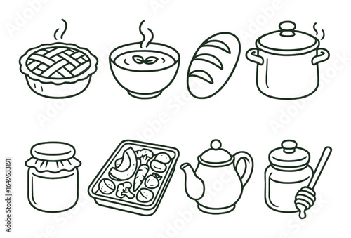 Hand-drawn food icons featuring pie, soup, bread, pot, jam, roasting pan, teapot, honey jar