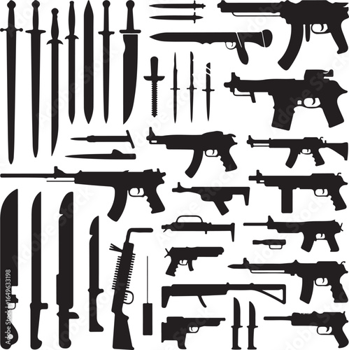 Assortment of Weapon Silhouettes Including Swords, Knives, and Firearms pistol rifle