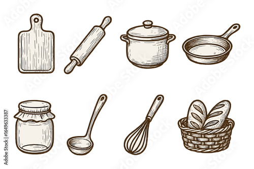 Hand-drawn kitchen utensils: cutting board, rolling pin, pot, pan, jar, ladle, whisk, bread basket
