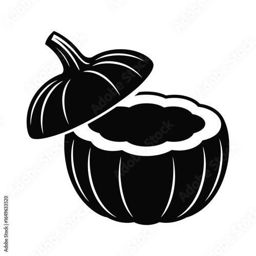Black and white illustration of a carved pumpkin with its lid lifted