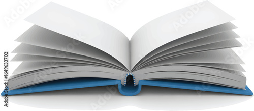 Open book with blue hardcover and blank pages isolated on white background