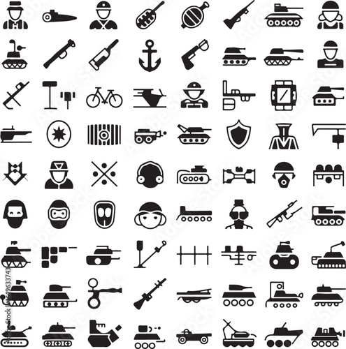 Military Icons Collection Soldier Tank Weapon Equipment Symbols vector illustration
