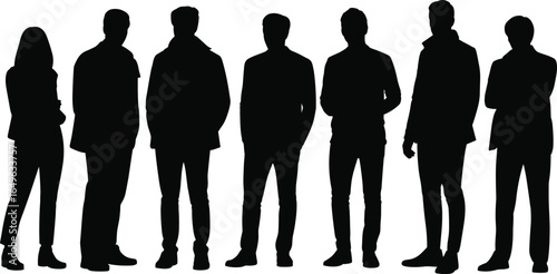 Silhouettes of diverse business professionals standing in a row, formal attire, team concept, leadership, unity, isolated on white background