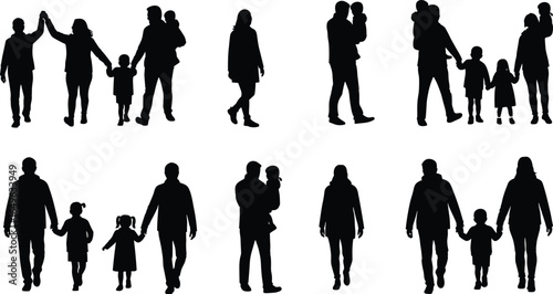 Silhouette family walking together, parents and children holding hands, outdoor lifestyle concept, happy family moments, parenting love, bonding, togetherness illustration