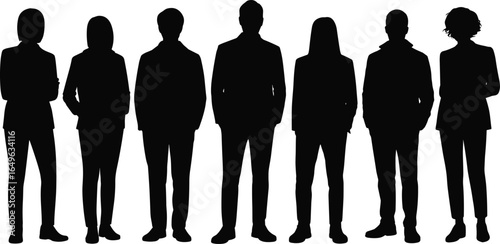 Silhouettes of diverse business professionals standing together, formal attire, team unity, leadership, teamwork concept, isolated on white background