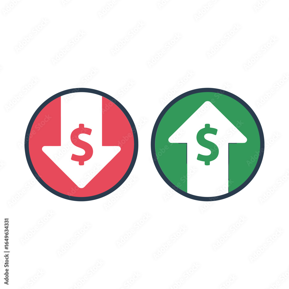 Two circular icons showing a dollar sign with an upward arrow and a downward arrow Two circular icons showing a dollar sign with an upward arrow and a downward arrow