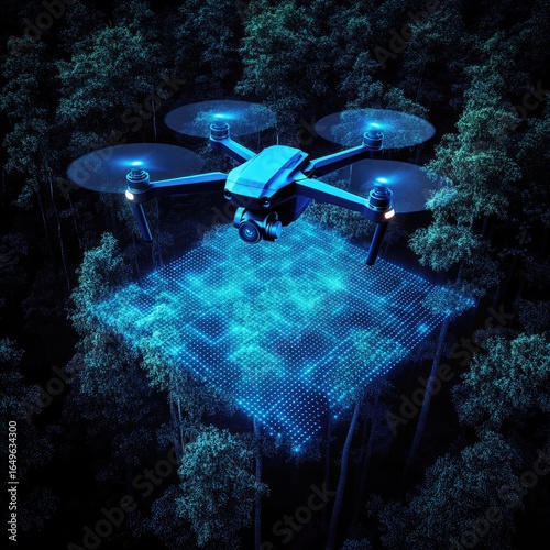 A drone hovers above a digital forest floor map.  Nighttime forest scene.  Bright lights highlight the drone and map