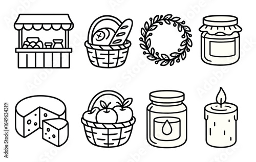 Rustic market icons: baskets, cheese, jam, candle, and more