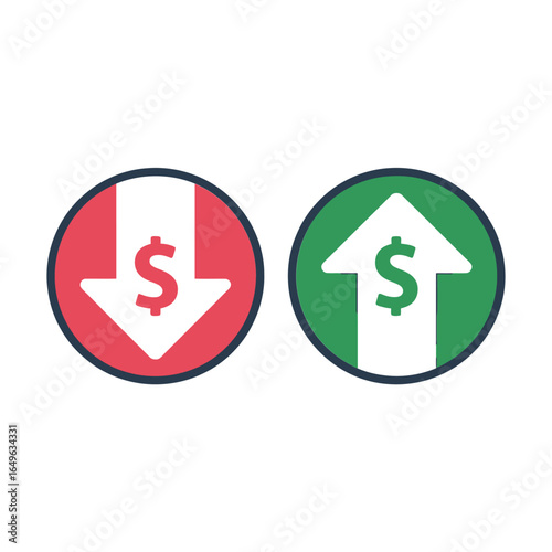 Two circular icons showing a dollar sign with an upward arrow and a downward arrow
