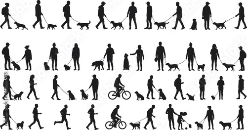 Silhouette people walking dogs, pet owners with leashes, outdoor activity, exercising pets, companionship, dog walking lifestyle, human animal bond, city park recreation