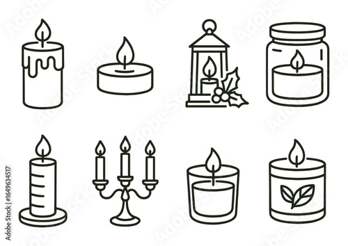 Collection of candle icons with lantern, candelabra, and jar designs on brown background