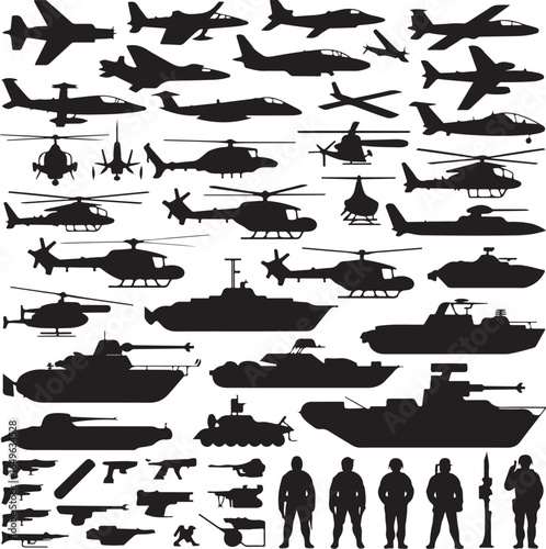 Silhouettes of Military Aircraft, Vehicles, Weapons, and Soldiers airplane helicopter