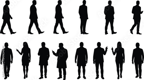 Silhouette, business, people, walking, standing, male, female, group, black, vector, isolated, white, background, office, worker, collection, corporate, posture, design, illustration