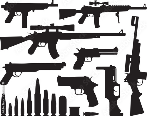 Collection of Firearm Silhouettes and Ammunition on White Background rifle pistol