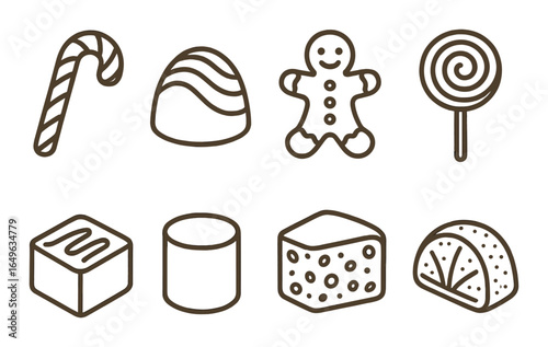 Assorted sweet treats icons: candy cane, gingerbread, lollipop, chocolate, marshmallow