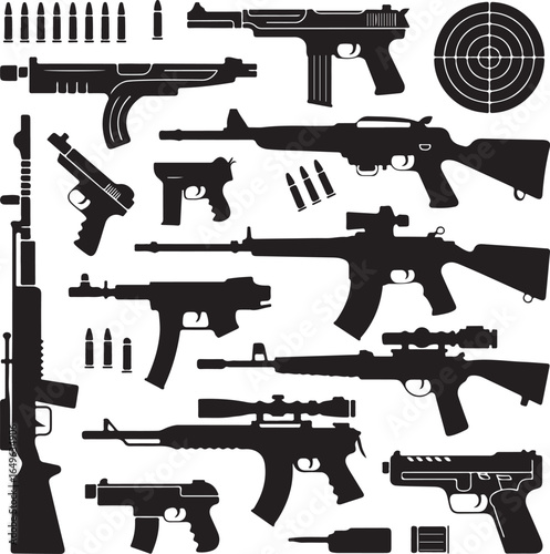 Various firearms silhouettes with bullets target and accessories on white background weapon rifle
