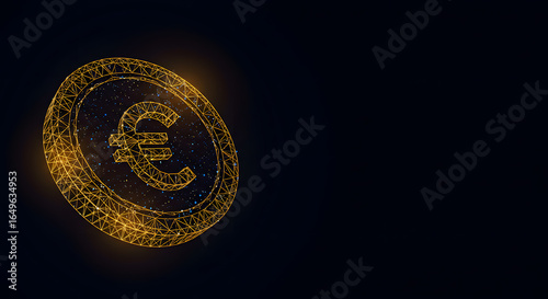 Golden Euro coin in plexus style on black background  