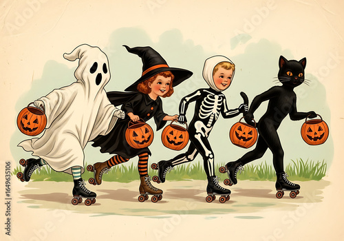 Vintage halloween illustration of children in costumes roller skating with pumpkin candy buckets