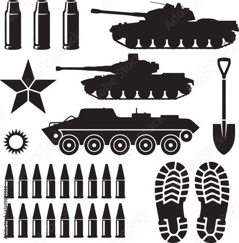 Military equipment silhouettes including tanks bullets star shovel and boot prints army armored vehicle