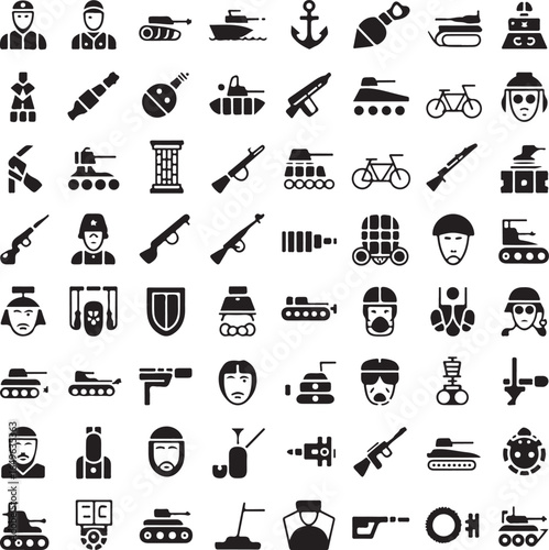 Icons of military personnel tanks and weapons on white background soldier