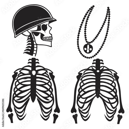 Skeletons with helmets and necklaces on white background skull bones