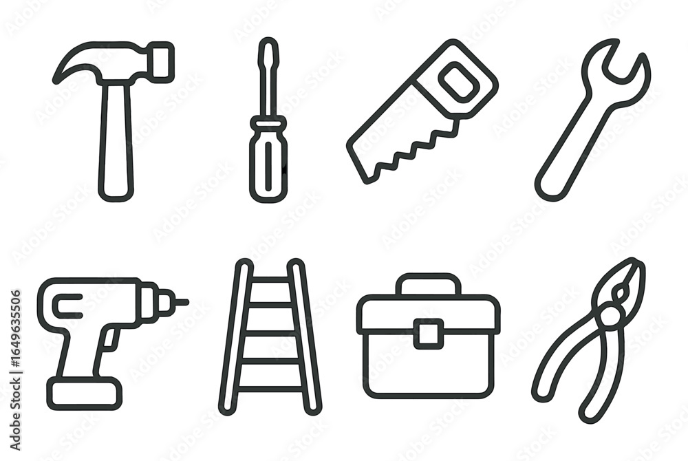 Set of hand tools icons on metallic background featuring hammer, screwdriver, saw, wrench, drill, ladder, toolbox, pliers Set of hand tools icons on metallic background featuring hammer, screwdriver, saw, wrench, drill, ladder, toolbox, pliers