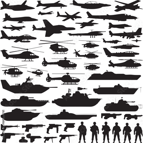 Diverse array of military aircraft helicopters tanks ships and firearms silhouettes airplane chopper