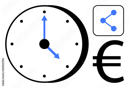 Clock with blue arrows marking time, Euro symbol for finance, and connection nodes for networking. Ideal for productivity, time management, connection, teamwork, economy, finance simple landing page
