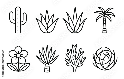 Minimalistic black and white botanical icons of cacti, palms, and flowers