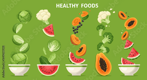 Collection of Vector Illustrations of Fruits and Vegetables Labeled with Vitamins Flowing from a Bowl