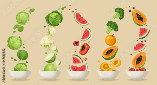 Collection of Vector Illustrations of Fruits and Vegetables Labeled with Vitamins Flowing from a Bowl