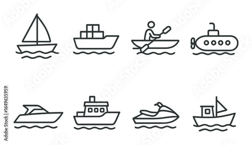 Set of eight nautical icons: sailboat, cargo ship, canoe, submarine, yacht, ferry, jet ski, fishing boat