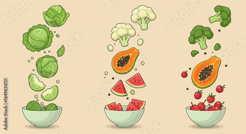 Collection of Vector Illustrations of Fruits and Vegetables Labeled with Vitamins Flowing from a Bowl