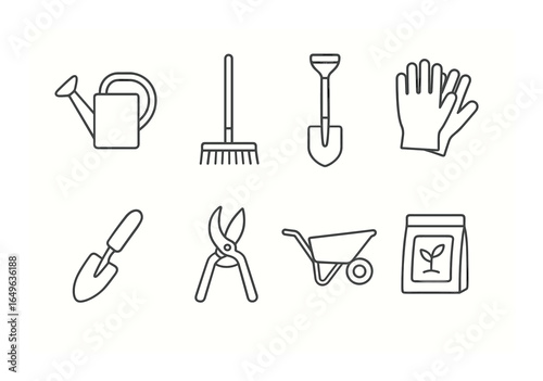 Gardening tools icons set: watering can, rake, shovel, gloves, hand trowel, pruning shears, wheelbarrow, seed packet