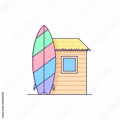 Pastel Striped Surfboard Leaning Against a Thatched-Roof Beach Hut.