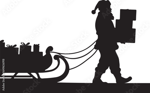 Black silhouette of Santa Claus pulling a sleigh full of gifts black and white Christmas