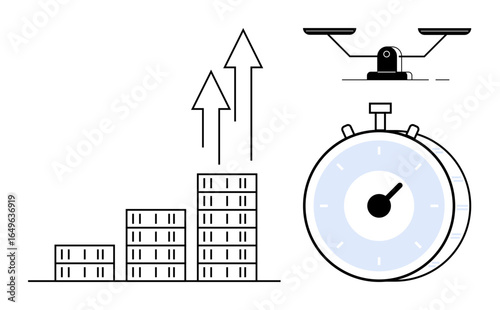 Increasing bar charts, a stopwatch indicating speed, and a balanced scale representing efficiency, equity, growth. Ideal for productivity, time management, fairness, scaling progress business