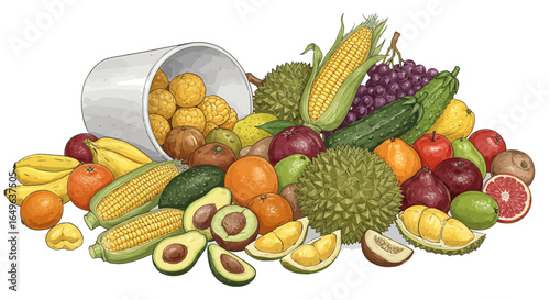 Collection of Vector Illustrations of Fruits and Vegetables Labeled with Vitamins Flowing from a Bowl