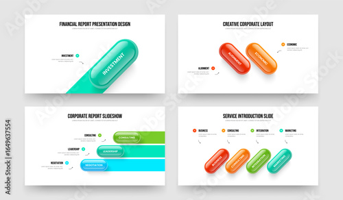 Visual Plan One Two Three Four Element Diagram Slideshow Template Vector Illustration Collection. Sales Briefing 1 2 3 4 Step Infographic Presentation Layout Set.