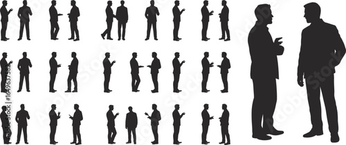 Silhouettes of men talking, business discussion poses, male communication gestures, group interaction, standing professionals, isolated black figures, conversation concept