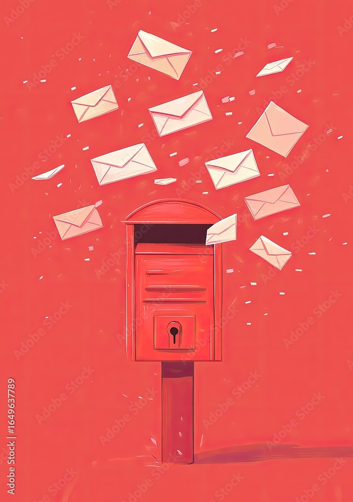 A red mail box with envelopes flying out A red mail box with envelopes flying out