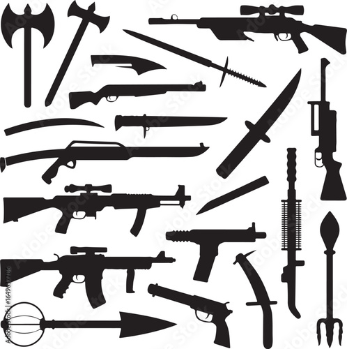Assortment of historical and modern weapon silhouettes on white background weapons firearms