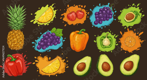 Collection of Vector Illustrations of Fruits and Vegetables Labeled with Vitamins Flowing from a Bowl